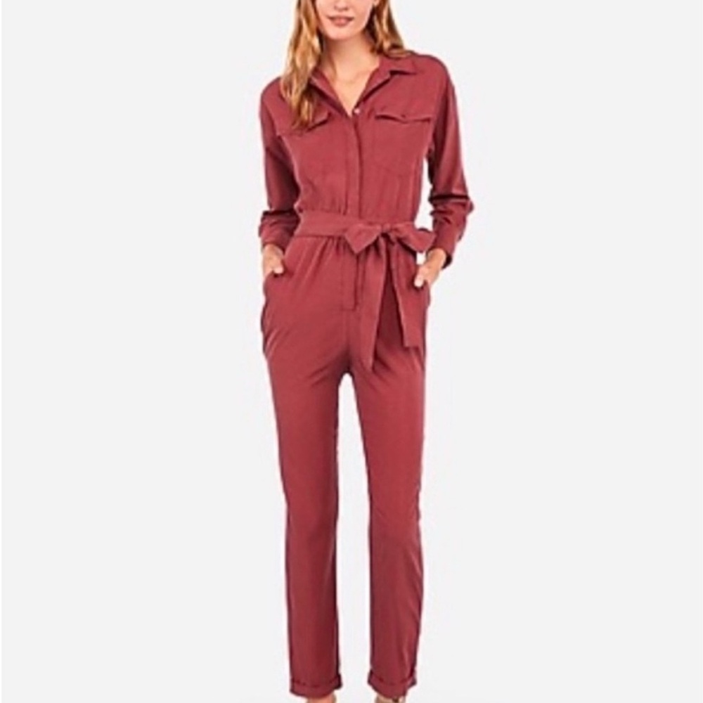 Express Berry Utility Jumpsuit with Tie Waist and Collared Neckline